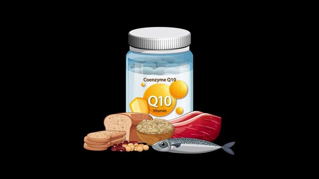 Coenzyme Q10 Supplement Bottle with Nutritious Foods Animation Sequence