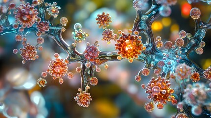 Microscopic view showcases intricate viral structures with glowing details and complex molecular arrangements in a vibrant colorful environment