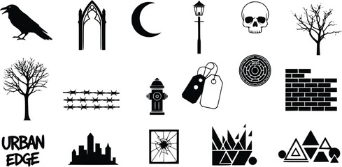 Urban Gothic Icon Pack – Ravens, Skulls, Barbed Wire, Moon & City Silhouettes in Black on White