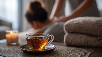 A cup of tea sits on a table in front of a person getting a massage