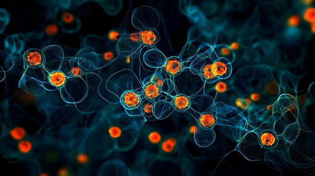 Abstract rendering of interconnected orange spheres with glowing blue filaments on a dark background representing science and technology concepts