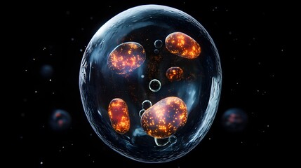 Abstract glowing cells inside a transparent sphere floating in space create a visually stunning and scientifically intriguing composition for design use