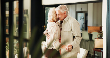 Senior couple, love and dance in home for commitment, marriage anniversary and bonding. Romantic music, elderly man and woman holding hands in house for retirement, healthy relationship and smile