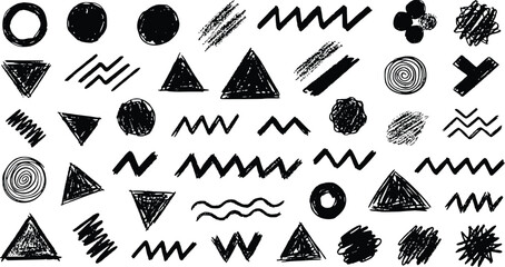 Abstract Geometric Shape Pack – Hand-Drawn Circles, Triangles, Scribbles & Zigzags in Black on White