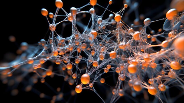 Abstract network of interconnected orange spheres with glowing highlights against a dark background representing science and technology concepts