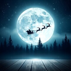 Santa claus sleigh with reindeer flying across a bright full moon at night
