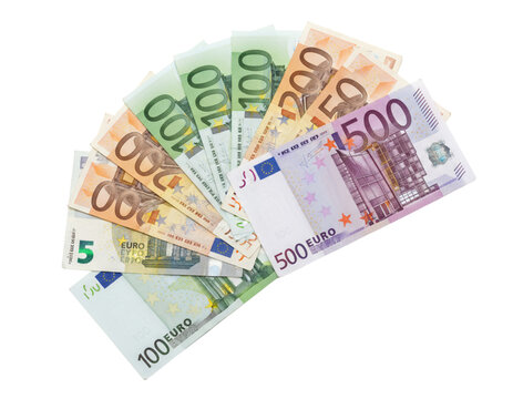 Fan-Shaped Arrangement of Euro Banknotes, isolated on white background - Powered by Adobe
