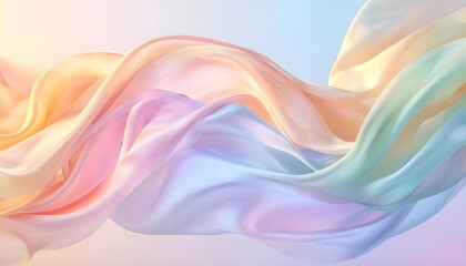 Obraz premium Abstract pastel silk ribbons flow gracefully in soft waves, blending hues of peach, pink, lavender, and mint green against a bright gradient background.