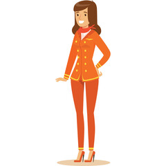 Smiling Woman Airline Crew Uniform Orange Blazer Pants Scarf and High Heels Standing Full Body Portrait Isolated on White Background Professional Business Attire