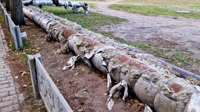 Long shot of two large industrial pipes with badly damaged insulation. Grey silver wrapping is peeled off, exposing the brown rusted pipes lying on dirty ground beside a concrete curb and dry leaves.