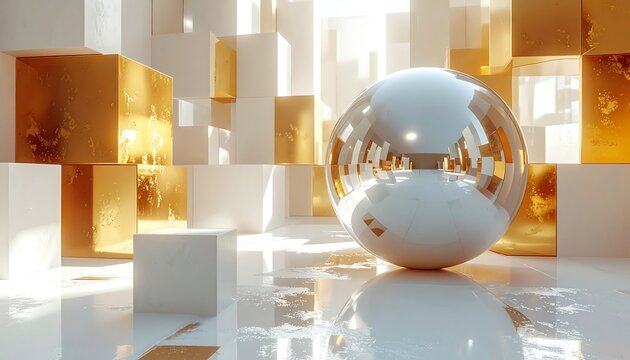 Shiny sphere reflecting golden cubes in a bright white abstract space with reflective flooring and cube structures