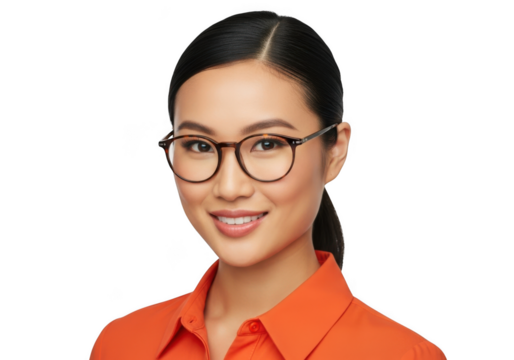 A young asian woman with glasses and a bright orange shirt smiles warmly isolated on transparent background