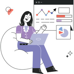 Smiling Woman In Purple Outfit Sitting On A Bean Bag Chair Holding A Laptop With Data Graphs And Charts Displayed On Screen In A Modern Office Setting