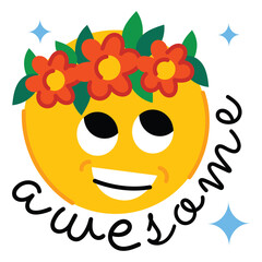 Smiling Yellow Emoji Wearing A Flower Crown With The Word Awesome Written Around It And Sparkles All Around On Transparent Background