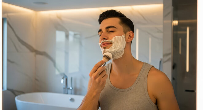 Young man applies shaving cream with a brush to his face in a modern, well-lit bathroom