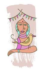 Minimalist Abstract Woman with Bird Illustration – Modern Line Art Portrait with Festive Elements