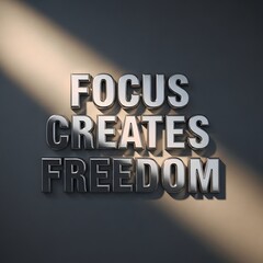 Inspirational wall art with the motivational phrase 'Focus Creates Freedom' in bold metallic letters casting shadows on a plain wall