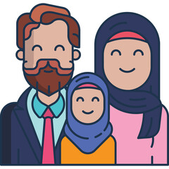 Smiling Muslim Family Portrait with Father Mother and Daughter in Traditional Attire with Muted Colors and Simple Design