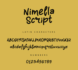 Latin alphabet and numbers, executed with a lively bold brush with a wide stroke and rounded shapes. Uppercase and lowercase letters