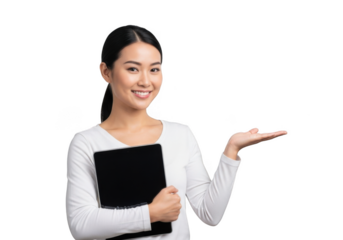 Smiling asian woman holding a tablet computer and presenting with an open hand isolated on transparent background