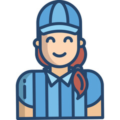 Smiling person wearing a blue cap and striped shirt with a red accent in hair in a flat illustration style isolated on a transparent background