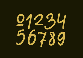 A set of vector golden numbers from 0 to 9 on a black background. A collection of digital numbers drawn by hand with a marker pen