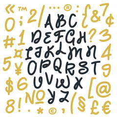 A set of capital letters of the Latin alphabet, numbers and punctuation marks. Stylish cool font for lettering, hand-drawn.