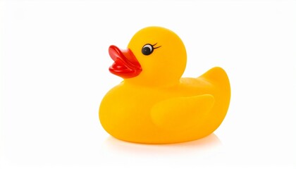 Yellow rubber duck with red beak and painted eyes, including eyelashes, positioned against plain white background. Iconic bath toy evokes themes of childhood, playfulness, and simplicity.