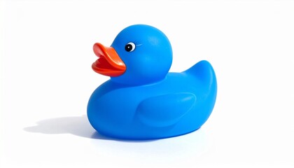 Yellow rubber duck with red beak and painted eyes, including eyelashes, positioned against plain white background. Iconic bath toy evokes themes of childhood, playfulness, and simplicity.