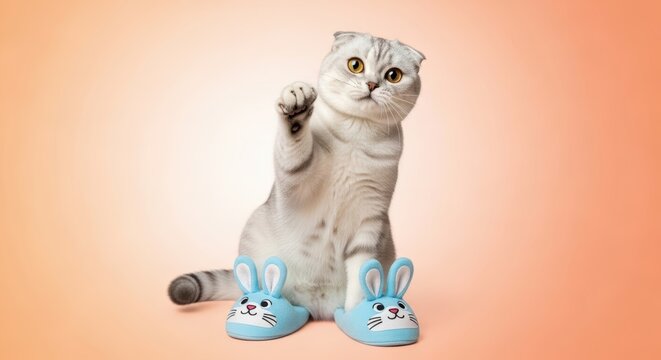 Playful cat wearing adorable bunny slippers poses against a soft pastel background, showcasing its charming personality and whimsical fashion sense in a delightful scene