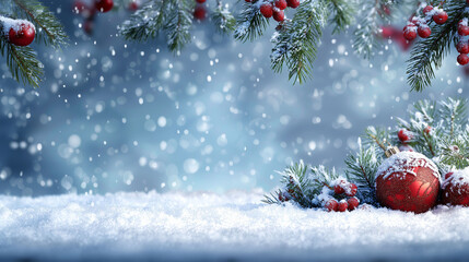 A magical winter wonderland, festooned with shimmering snowflakes, ornate Christmas ornaments and festive, evergreen branches. A festive, heartwarming scene.