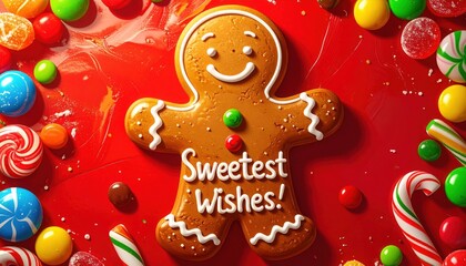 Obraz premium Smiling gingerbread man surrounded by colorful candies on red background celebrating sweetness and joy of Christmas season