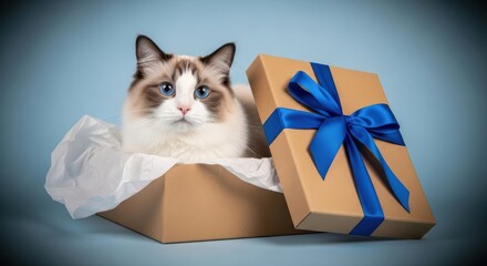 Ragdoll cat with striking blue eyes peeks out from a gift box adorned with a blue ribbon, surrounded by soft white tissue paper, embodying a festive and playful atmosphere