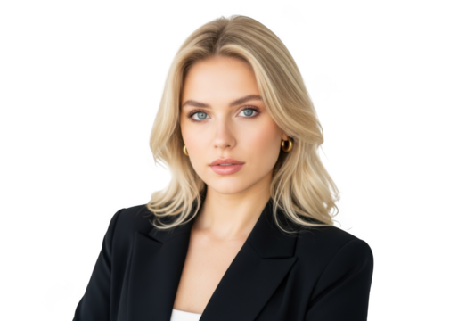 Professional blonde woman with blue eyes wearing a black blazer looking directly at the camera isolated on transparent background