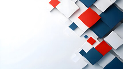 Abstract composition of 3D squares in red blue and white tones forming a modern geometric background, with copy space