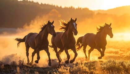 Three brown horses run gallantly through golden grass at sunset, raising dust in a scenic landscape