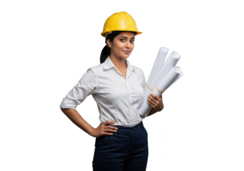 Professional female architect wearing yellow hard hat holding blueprints isolated on transparent background