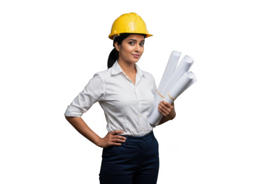 Professional female architect wearing yellow hard hat holding blueprints isolated on transparent background - Powered by Adobe