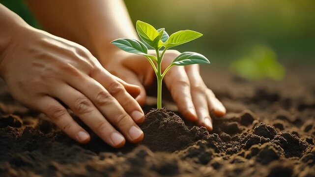 Hands cradle a small green seedling, symbolizing human care and protection for new life, growth, and the environment. close-up, slow-motion shot of hands planting a small green seedling into rich,