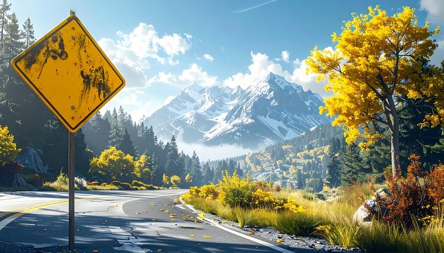 Scenic road with autumn trees & mountain backdrop. Sign on left. Blue sky with clouds. Yellow petals on road - Powered by Adobe