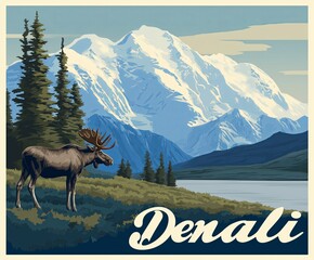 A majestic moose stands before snow capped Denali, surrounded by evergreens and a serene lake. The poster celebrates wilderness, Alaska grandeur, and outdoor exploration.