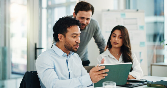 Meeting, tablet and business people in office for financial review, discussion or budget planning. Teamwork, corporate and workers on digital tech for research, website or proposal for finance report - Powered by Adobe