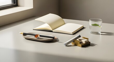 A neatly arranged workspace featuring an open notebook, a glass of water with a leaf, a pair of glasses, a pen, and gold paper clips on a white desk near a window