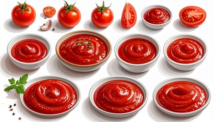 Grid-style arrangement of fresh tomatoes—some with stems—and bowls of thick, rich tomato sauce. Scattered basil leaves evoke culinary transformation from raw produce to flavorful preparation.