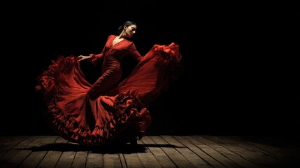 A dancer in red dress twirls, dramatic pose on a wooden stage with darkness