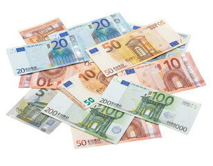 Obraz premium Scattered Euro Banknotes of Multiple Values, isolated on white background