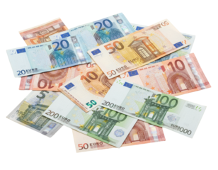 Scattered Euro Banknotes of Multiple Values, isolated on white background