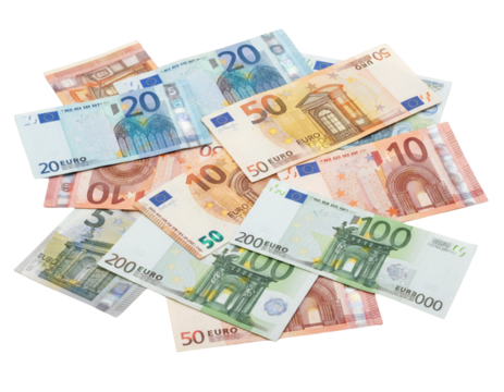 Scattered Euro Banknotes of Multiple Values, isolated on white background