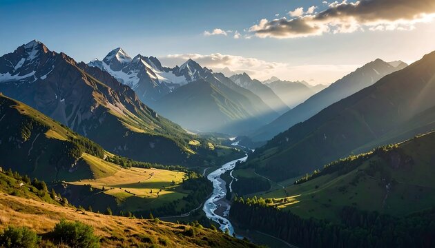 Scenic valley view with a river flowing through green hills and snow-capped mountains under a bright, sunny sky - Powered by Adobe