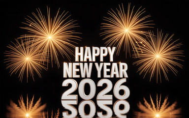 Happy new year 2026 with fireworks display and reflective surface
